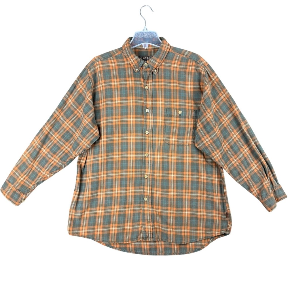 Moose Creek Mens XL Plaid Flannel Shirt Orange Green Cotton Button Down Outdoor
